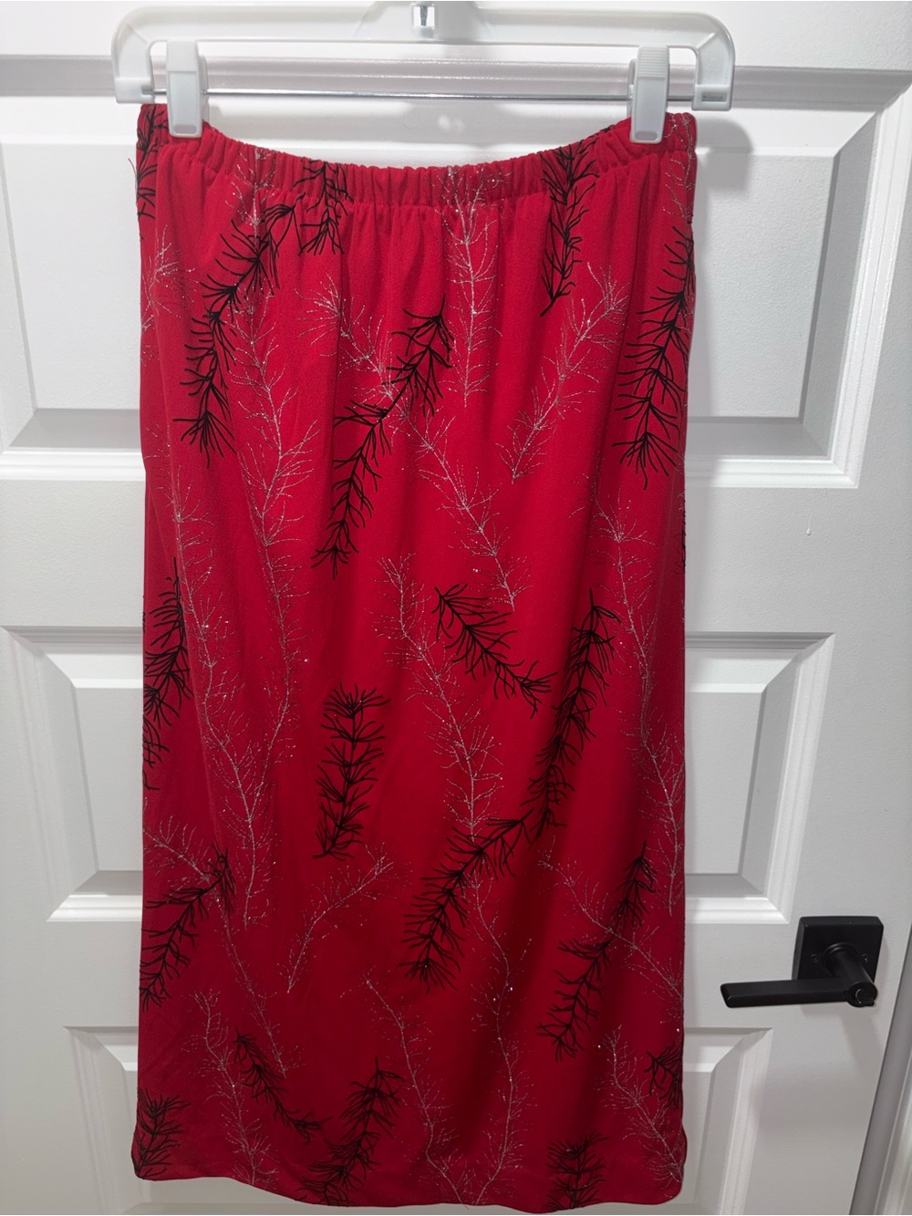 Susan Graver Red Midi Skirt with Black Botanical Print